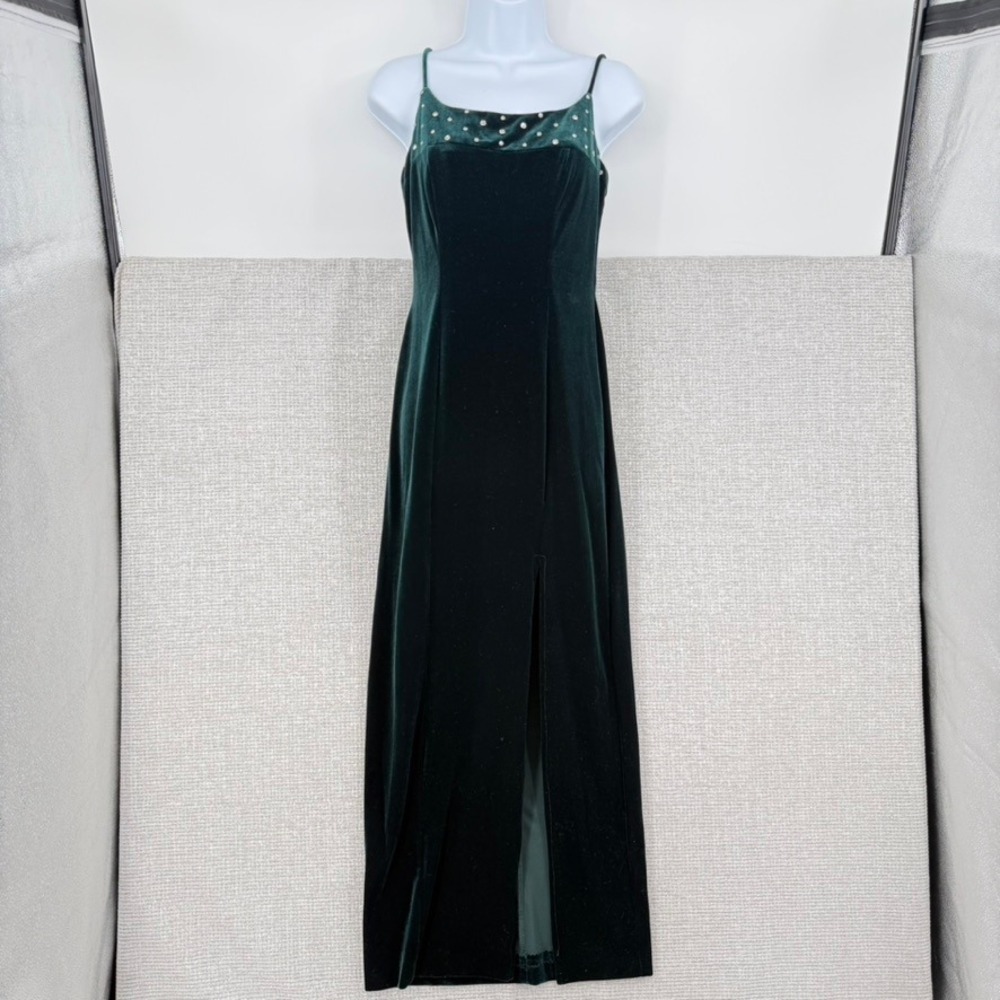 Vtg Blondie Nites Maxi Gown W 3 Dark Green Velvet Rhinestone Slit Whimsigoth